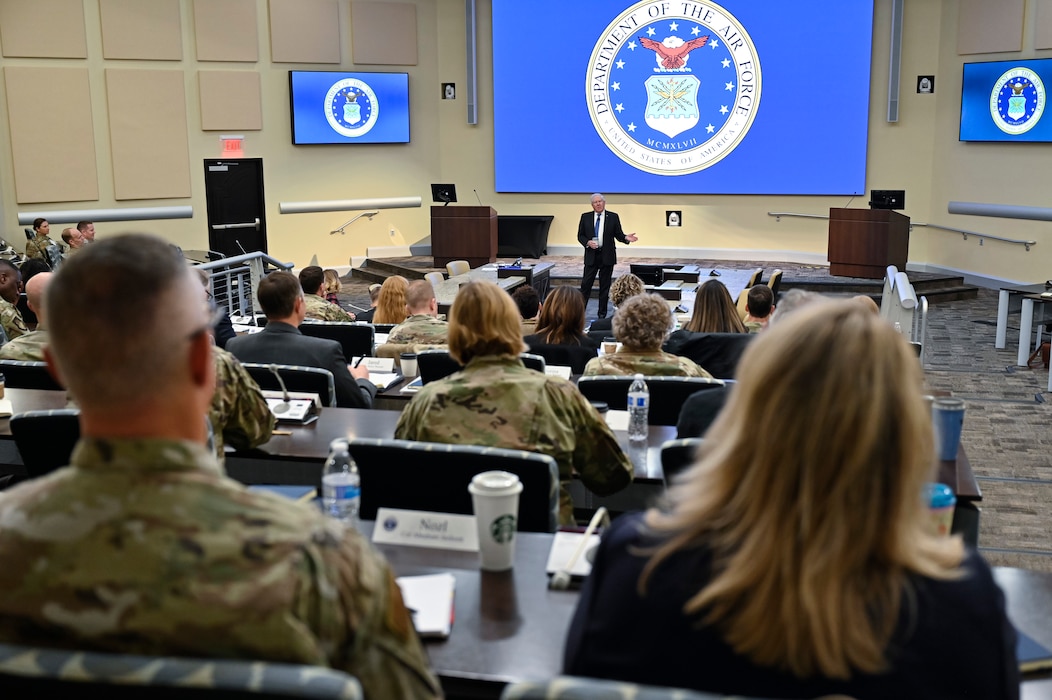 Secretary of the Air Force Frank Kendall speaks with students and guests