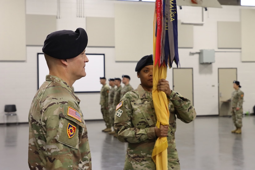 Col. J.B. Richmond relinquished command of the 149th Maneuver Enhancement Brigade to incoming Commander, Col. Brandye Williams during a ceremony held on December 2, 2023 at the Richmond, Ky. armory. (U.S. Army National Guard photo by Sgt. Joy Himmelsbach)