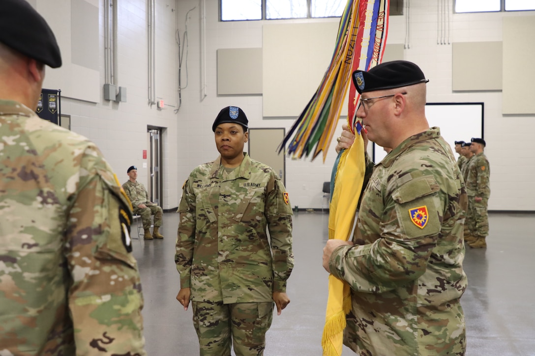 Col. J.B. Richmond relinquished command of the 149th Maneuver Enhancement Brigade to incoming Commander, Col. Brandye Williams during a ceremony held on December 2, 2023 at the Richmond, Ky. armory. (U.S. Army National Guard photo by Sgt. Joy Himmelsbach)