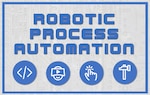 A grey background with a CG blue border. In the middle of the rectangular border is the words stacked in vertical fashion "Robotic Process Automation" and then four relevant logos inside of circular frames towards the bottom of the graphic.