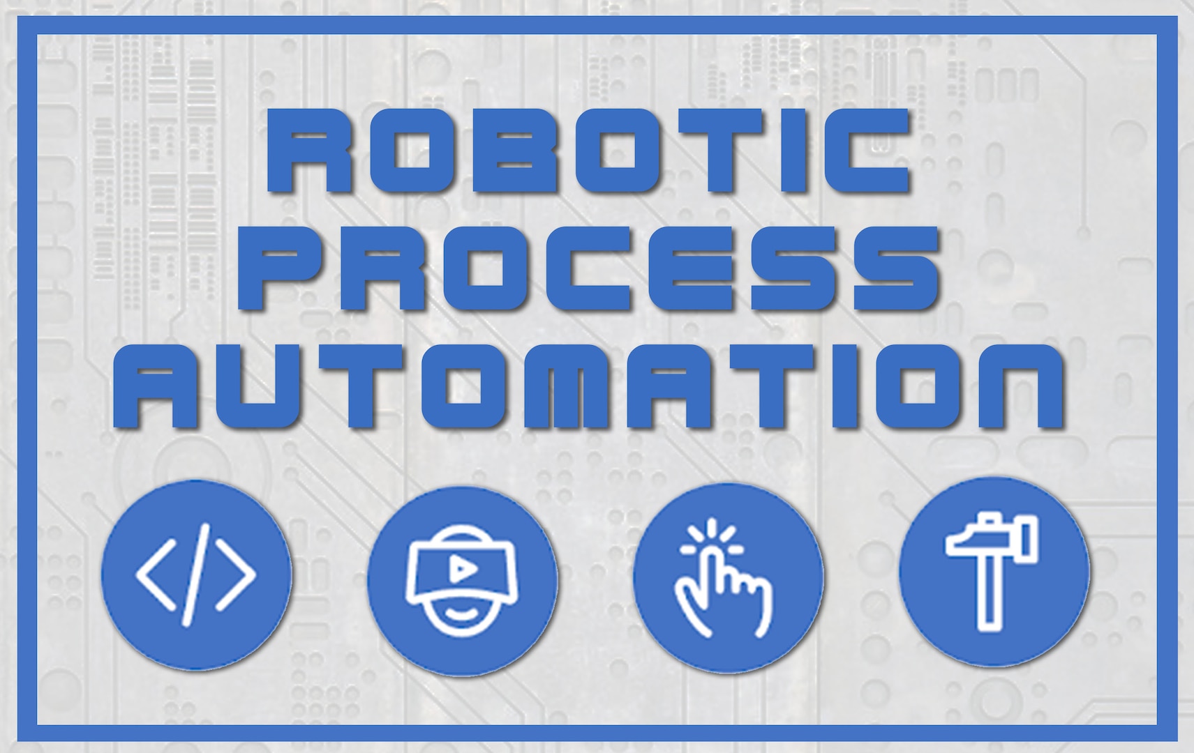 A grey background with a CG blue border. In the middle of the rectangular border is the words stacked in vertical fashion "Robotic Process Automation" and then four relevant logos inside of circular frames towards the bottom of the graphic.