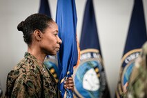 U.S. Marine Corp Maj. Gen. Lorna Mahlock holds the guidon after receiving command.