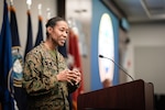 U.S. Marine Corp Maj. Gen. Lorna Mahlock, commander, Cyber National Mission Force, addresses the audience during the CNMF change of command ceremony at U.S. Cyber Command, Jan. 5, 2024. Mahlock said she felt honored to be the next CNMF commander and that she is humbled by the opportunity to serve alongside the unit.