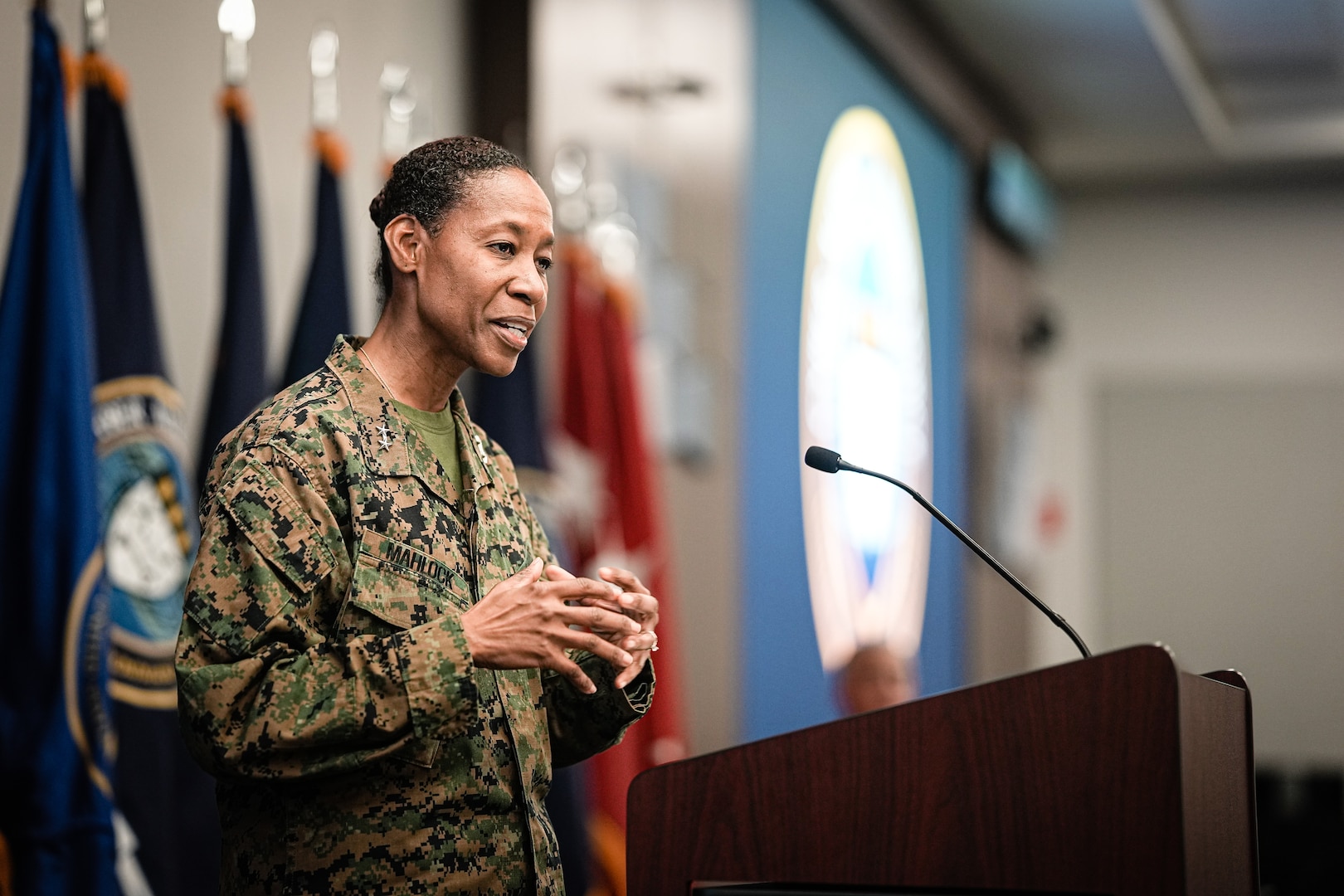 U.S. Marine Corp Maj. Gen. Lorna Mahlock addresses the audience.