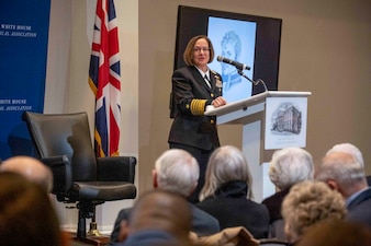 WASHINGTON (Jan. 4., 2024) - Chief of Naval Operations Adm. Lisa Franchetti delivers remarks during the White House Historical Association's 9th annual Commodore Stephen Decatur’s birthday event, at the Decatur House in Washington D.C., Jan. 4. The evening was focused on the US-Royal Navy relationship since the days of Stephen Decatur and the War of 1812 during the event. (U.S. Navy photo by Chief Mass Communication Specialist Amanda R. Gray)