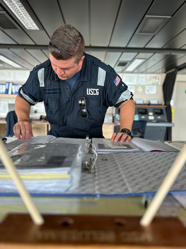 Petty Officer 1st Class Gregory Blom from U.S. Coast Guard Forces Micronesia/Sector Guam reviews oil record logs during a Certificate of Compliance (COC) exam on the 1,036-foot Maltese-flagged cruise ship MSC Bellissima on its first-ever U.S. port call at the Port of Guam, on Jan. 3, 2024. The U.S. Coast Guard conducts COC exams for new or existing vessels that are embarking passengers from a U.S. port for the first time, carrying U.S. citizens as passengers with initial port calls at U.S. ports, or have undergone significant modifications or alterations including changes that affect structural fire protection or means of egress, in order to ensure these vessels, meet required safety and regulatory standards. (U.S. Coast Guard photo by Chief Warrant Officer Sara Muir)