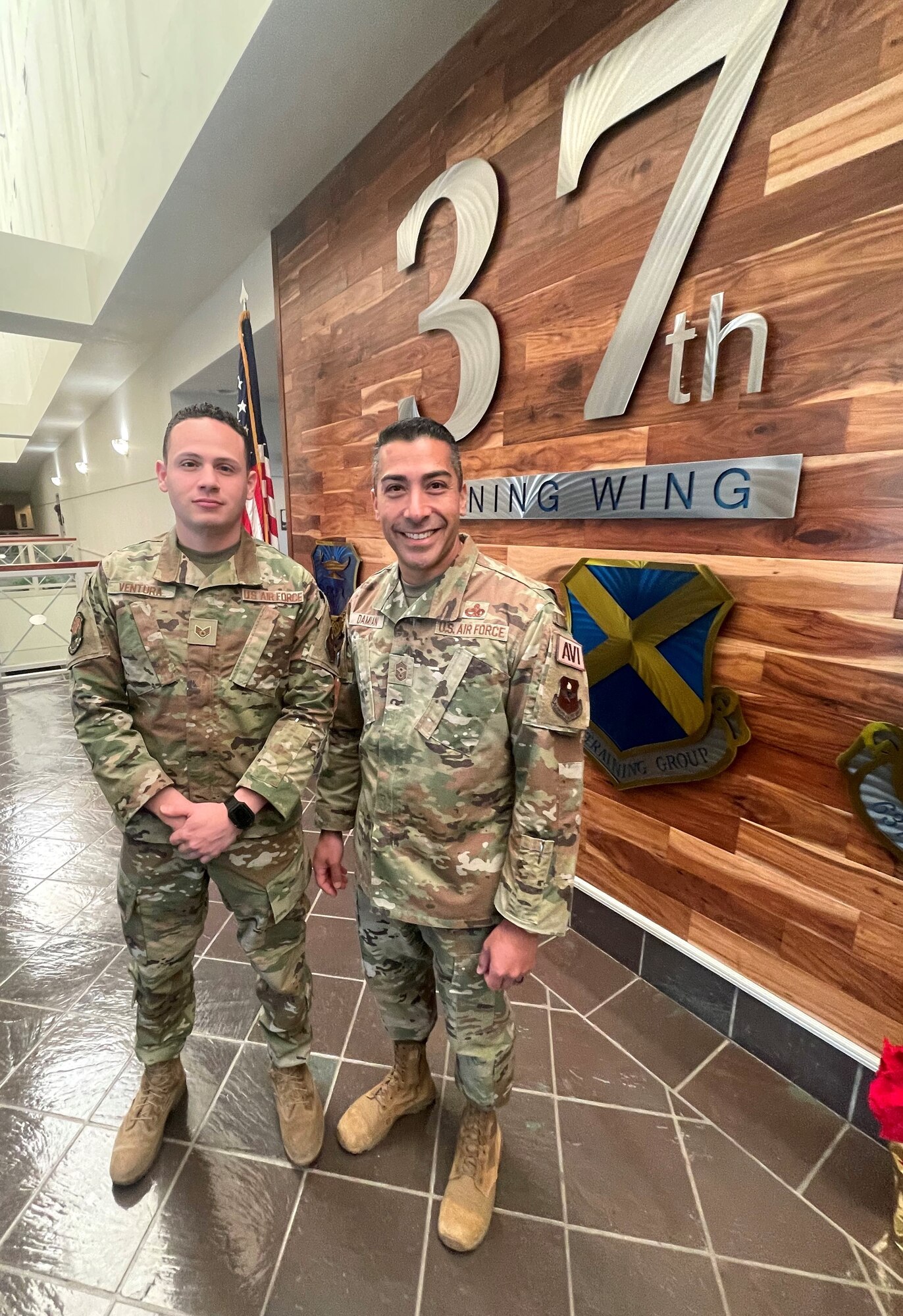 Photo of 37TRW Command Chief Carlos Damian and Staff Sgt. Jonathan S. Ventura during Command Chief for a Day at the 37th Training Wing.