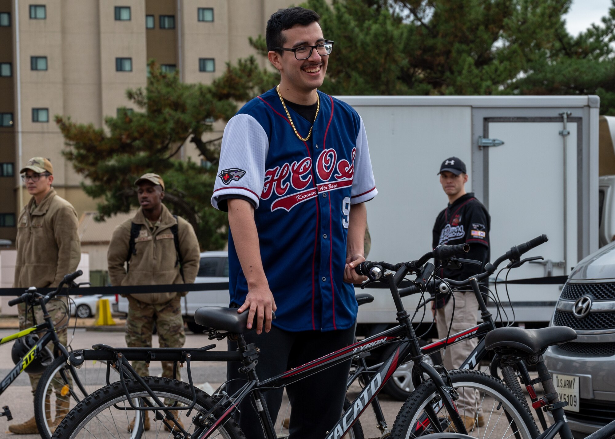 JeanCarlo Arbulu prepares to ride off after picking up his bicycle during a bike exchange.