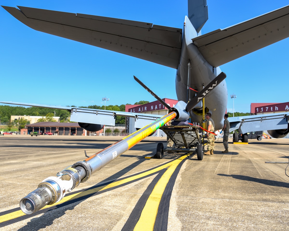 Members of the 117th Maintenance Squadron perform maintenance on a KC-135R aircraft at Sumpter Smith JNGB, Ala., Aug. 06, 2023. (US Air National Guard photo by Senior Master Sgt. Jeremy Farson)