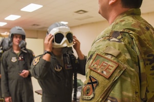 Members of the 117th Aircrew Flight Equipment (AFE) office trains Aircrew on equipment at Sumpter Smith Joint National Guard Base, Alabama, Dec. 2, 2023. The aircrew were training on equipment to shield their eyes in the event of a bright flash. (U.S. Air National Guard photo by Staff Sgt Nicholas Faddis)