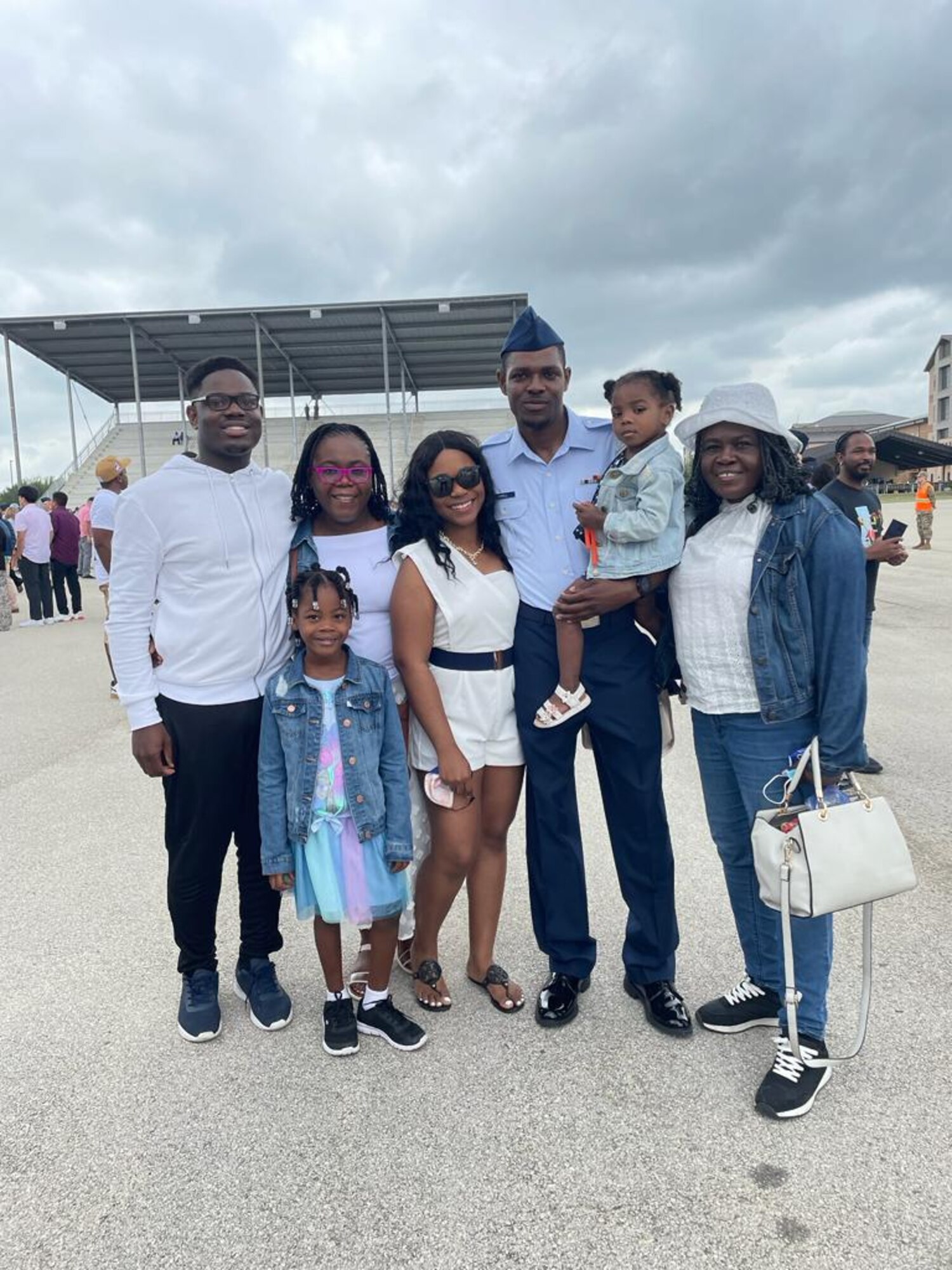 U.S. Air Force Airman 1st Class Kareem Howell, a fuels management specialist, poses for a photo with his family after graduating from Basic Military training. Howell’s journey to the Air Force began in Spanishtown, Jamaica, where he spent most of his childhood and high school years living with his mother and sister until moving to the United States in 2015. (U.S. Air Force courtesy photo)