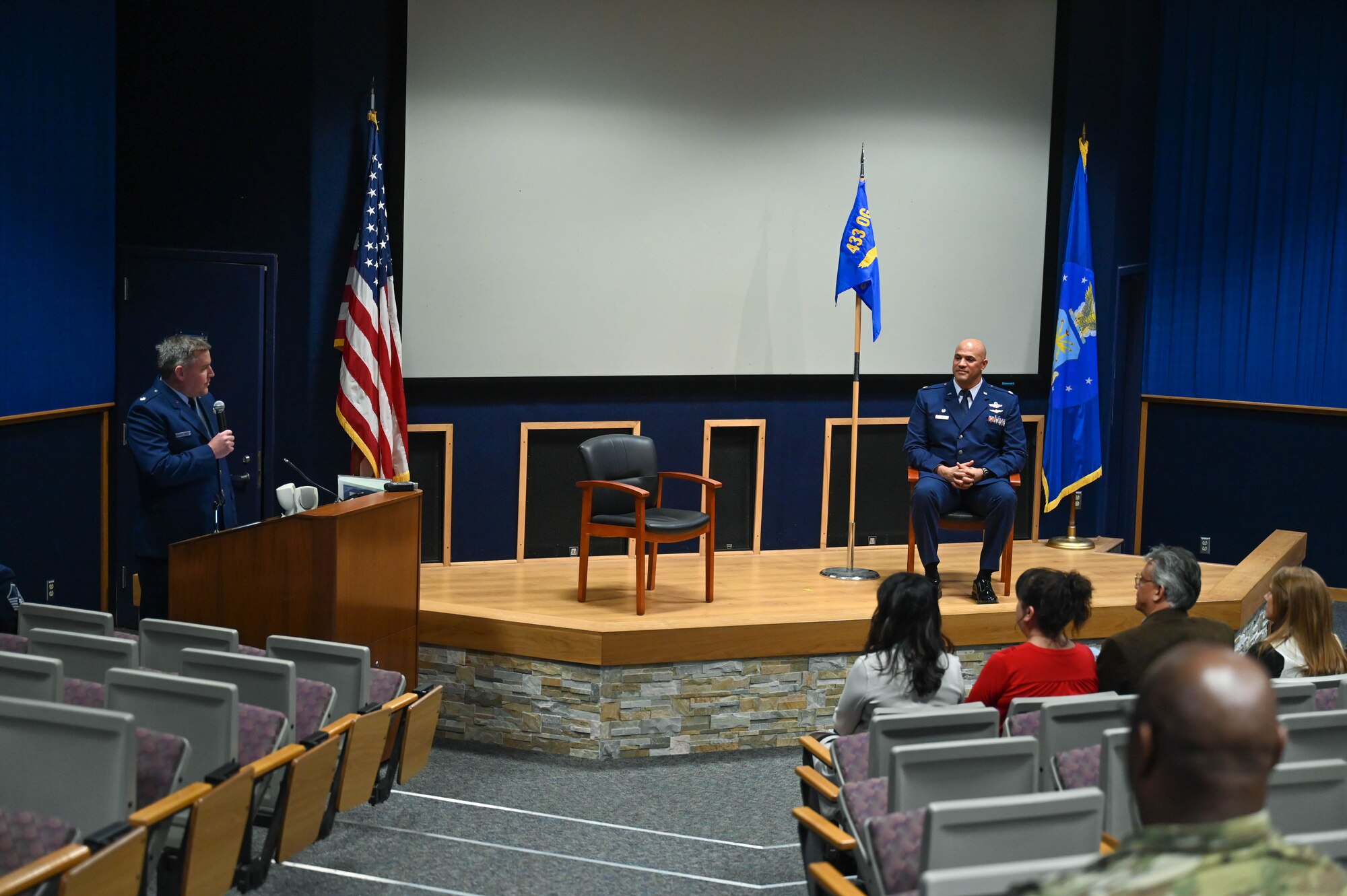 Lt. Col. Matthew Vandewalle, 433rd Operations Group commander, delivers remarks during an assumption of command ceremony at Joint Base San Antonio-Lackland, Texas on Jan. 5th, 2024.