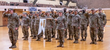 Soldiers in the 1863rd Finance Management Support Detachment, based in Chicago, salute during the mobilization ceremony Jan. 5 at the Northwest Armory in Chicago.