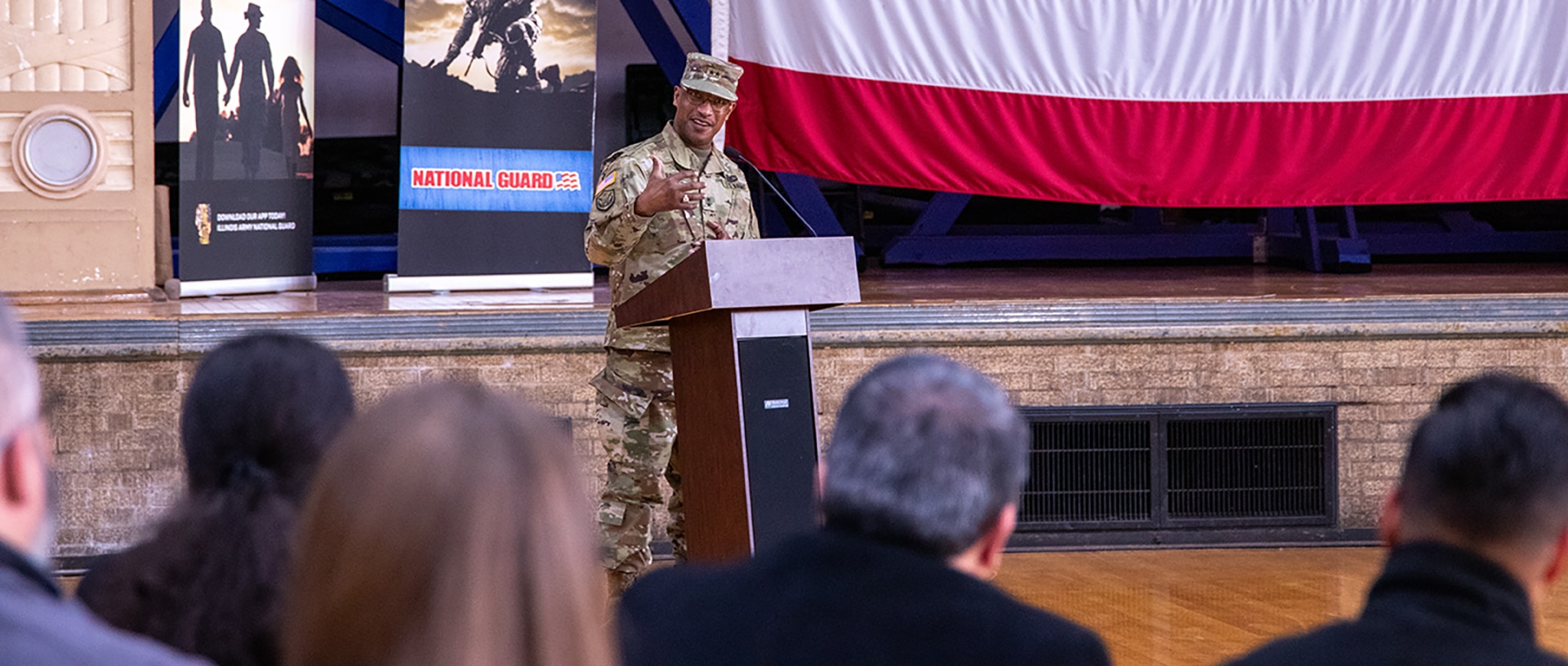 Maj. Gen. Rodney Boyd, Assistant Adjutant General – Army, and Commander of the Illinois Army National Guard, thanks the families of the Soldiers in the 1863rd Finance Management Support Detachment during a mobilization ceremony at the Northwest Armory in Chicago Jan. 5.