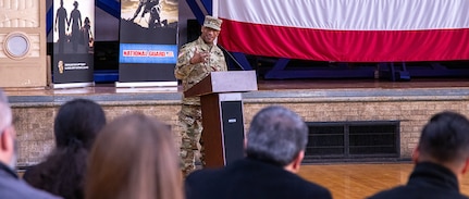 Maj. Gen. Rodney Boyd, Assistant Adjutant General – Army, and Commander of the Illinois Army National Guard, thanks the families of the Soldiers in the 1863rd Finance Management Support Detachment during a mobilization ceremony at the Northwest Armory in Chicago Jan. 5.