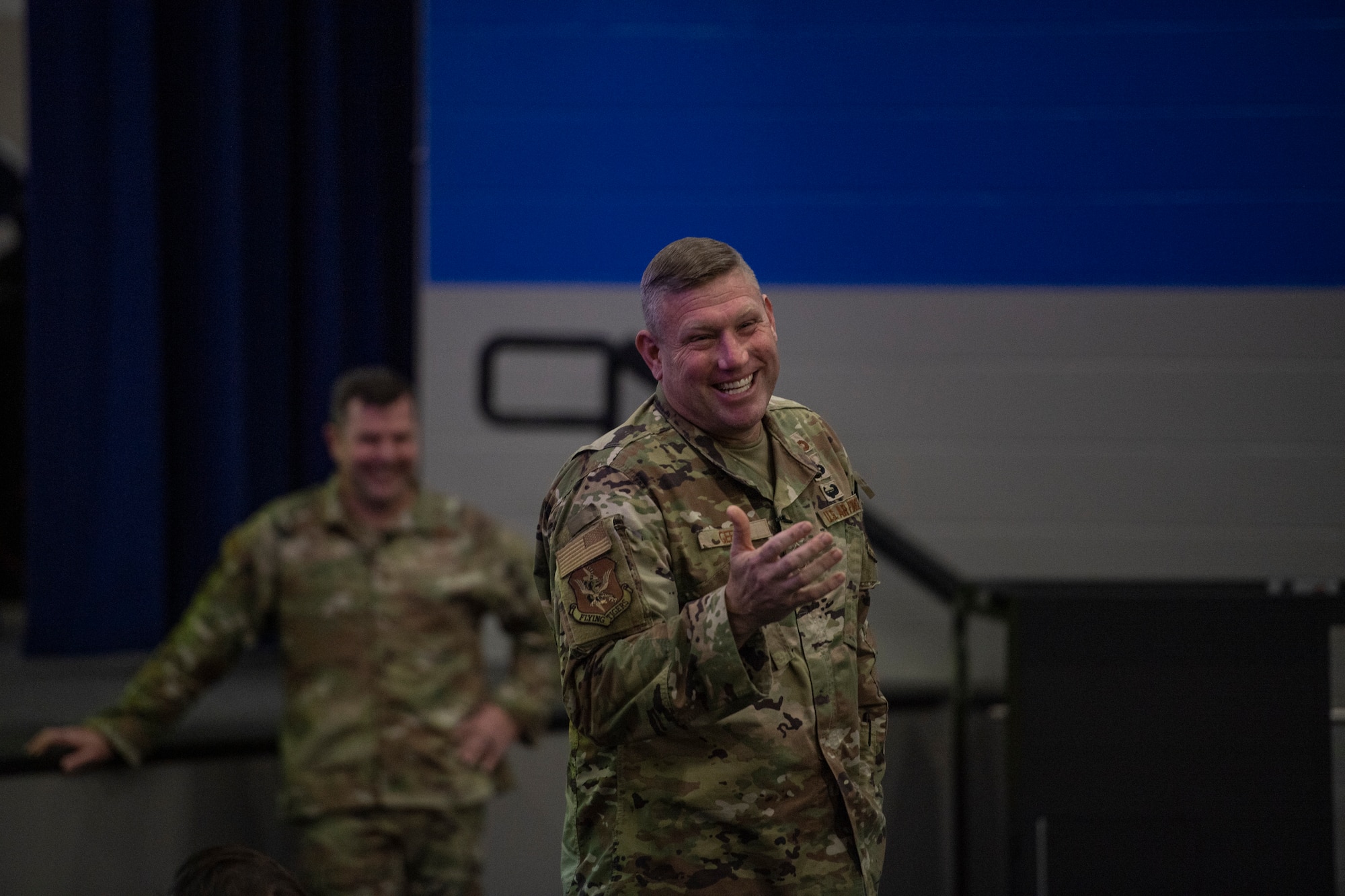 U.S. Air Force Chief Master Sgt. Just Geers, 23rd Wing command chief, speaks to Airmen during an all call at Moody Air Force Base, Georgia, Jan. 3, 2024. Geers spoke to Airmen about his professional and personal goals heading into the new year. (U.S. Air Force photo by Airman 1st Class Whitney Gillespie)