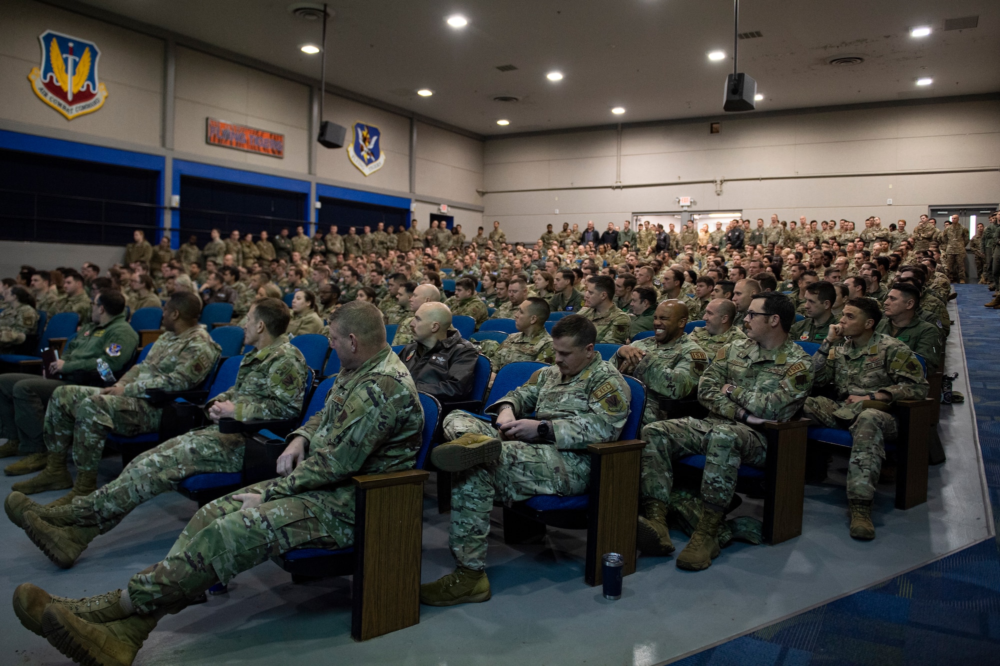 U.S. Air Force Airmen listen to the 23rd Wing command team speak at an all call at Moody Air Force Base, Georgia, Jan. 3, 2024. During the all call, both Sheets and Geers explained their goals and priorities for 2024. (U.S. Air Force photo by Airman 1st Class Whitney Gillespie)