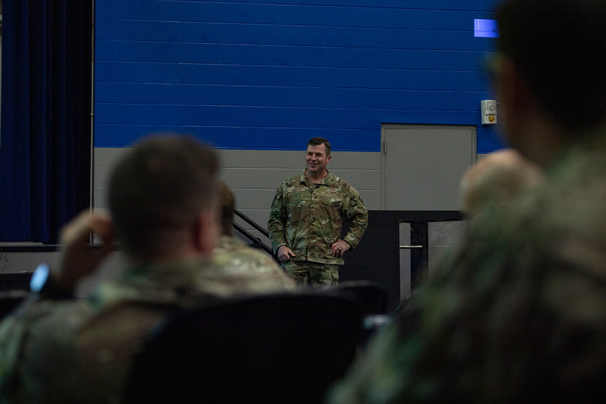 U.S. Air Force Col. Paul Sheets, 23rd Wing commander, speaks to Airmen during an all call at Moody Air Force Base, Georgia, Jan. 3, 2024. Sheets hosted his first wing all call of 2024. (U.S. Air Force photo by Airman 1st Class Whitney Gillespie)
