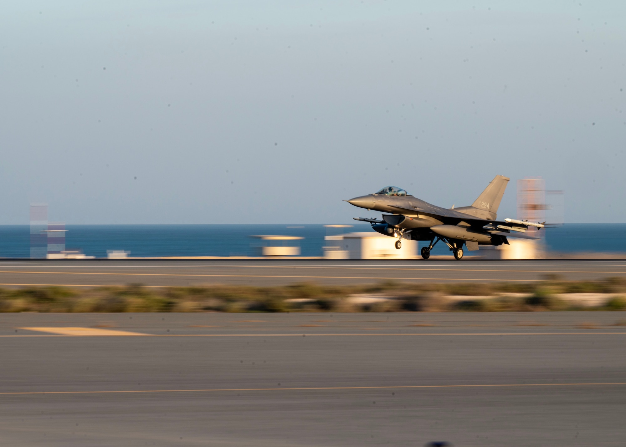 An F-16 lands at an undisclosed location during Exercise Ballast Cannon 24.3.