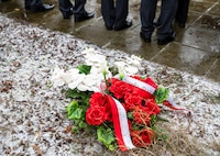 A wreath is prepared to mark the 105th anniversary of the Battle of Ławica, Jan. 6, 2024, at Poznań–Ławica Henryk Wieniawski Airport in Poznan, Poland. The Polish community in Poznan with U.S. Army soldiers and leadership from U.S. Army V Corps and U.S. Army Garrison-Poland join in laying wreaths to commemorate the battle won during the Greater Poland Uprising 1918-1919.  (U.S. Army Reserve photo by Sgt. Karen Sampson)
