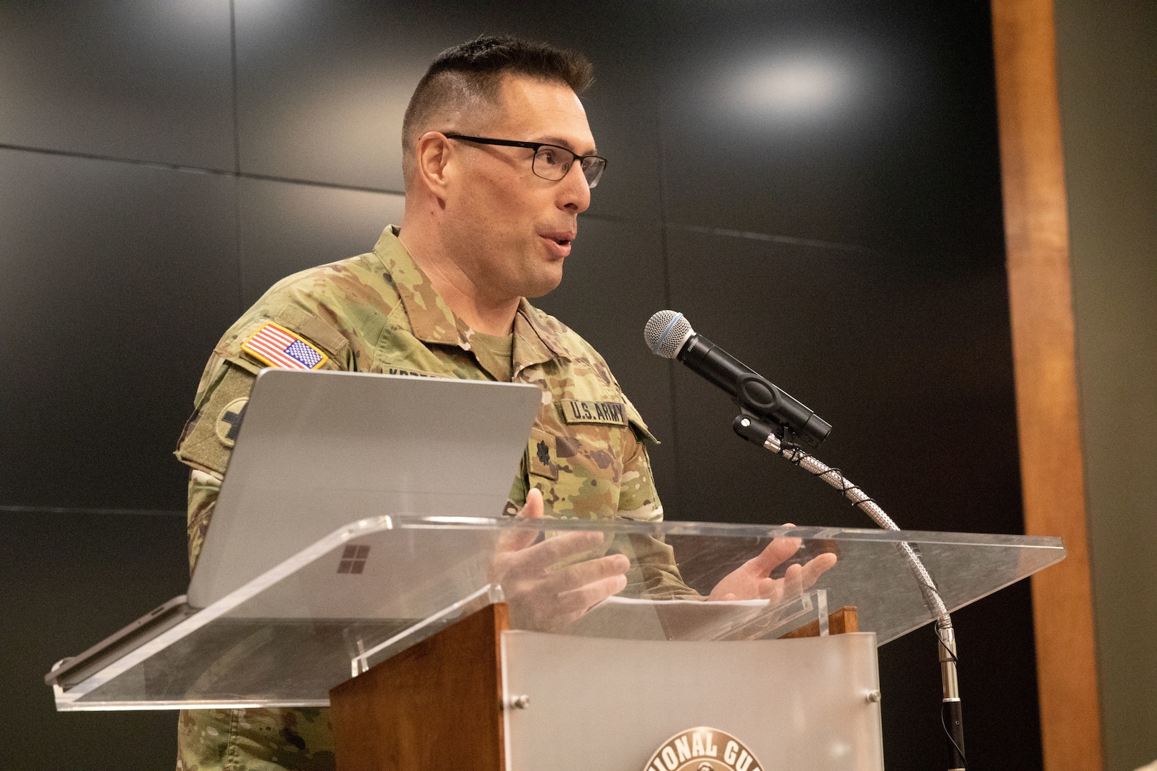 Lt. Col. Nicholas Krzensinki, staff officer in the Illinois Army National Guard Headquarters’ Plans, Operations, and Training Directorate (G3) addressed the crowd during his promotion ceremony at the Illinois Military Academy on Camp Lincoln in Springfield on Jan. 4.