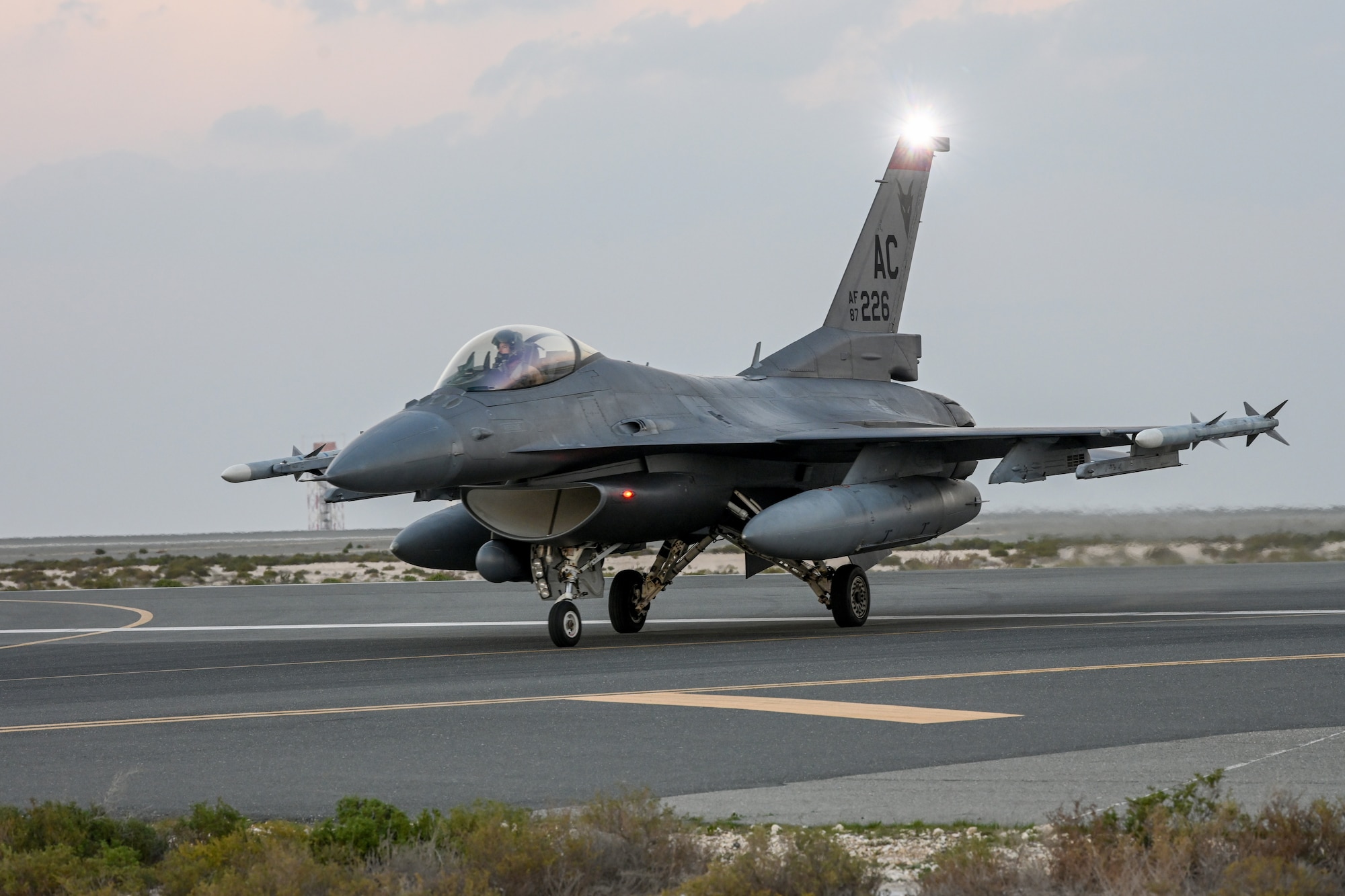 A U.S. Air Force F-16 Fighting Falcon taxis at an undisclosed location in the U.S. Central Command area of responsibility in preparation for Exercise Ballast Cannon, Jan. 6, 2024.