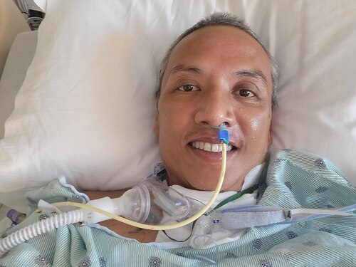 Master Sgt. Manuel Salinas, a recruiter assigned to the 353rd Recruiting Squadron, March Air Reserve Base, Calif. recovers from acute pancreatitis at UC Davis Medical Center, Sacramento, Calif. May 4, 2022.
