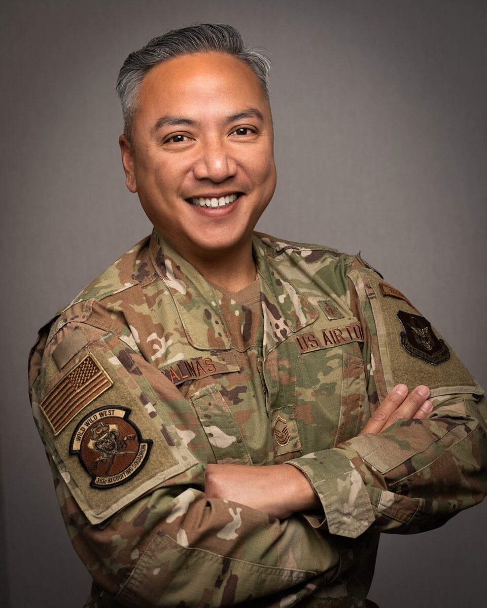 Master Sgt. Manuel Salinas, a recruiter assigned to the 353rd Recruiting Squadron, March Air Reserve Base, Calif., poses for his first picture in uniform Dec. 7, 2023 since recovering from acute pancreatitis March 2022.