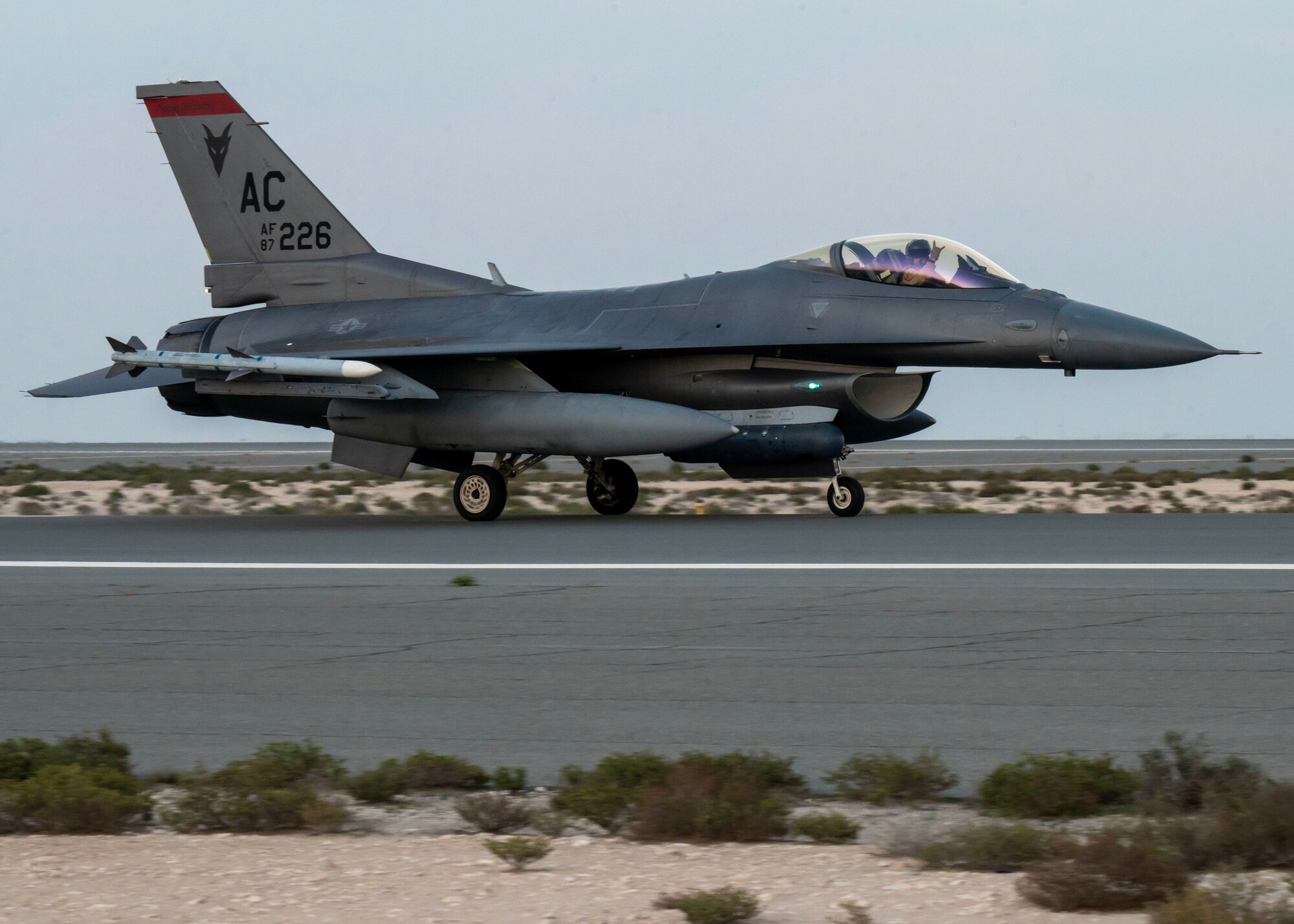 A U.S. Air Force F-16 Fighting Falcon arrives at an undisclosed location in the U.S. Central Command area of responsibility, Jan. 6, 2024.