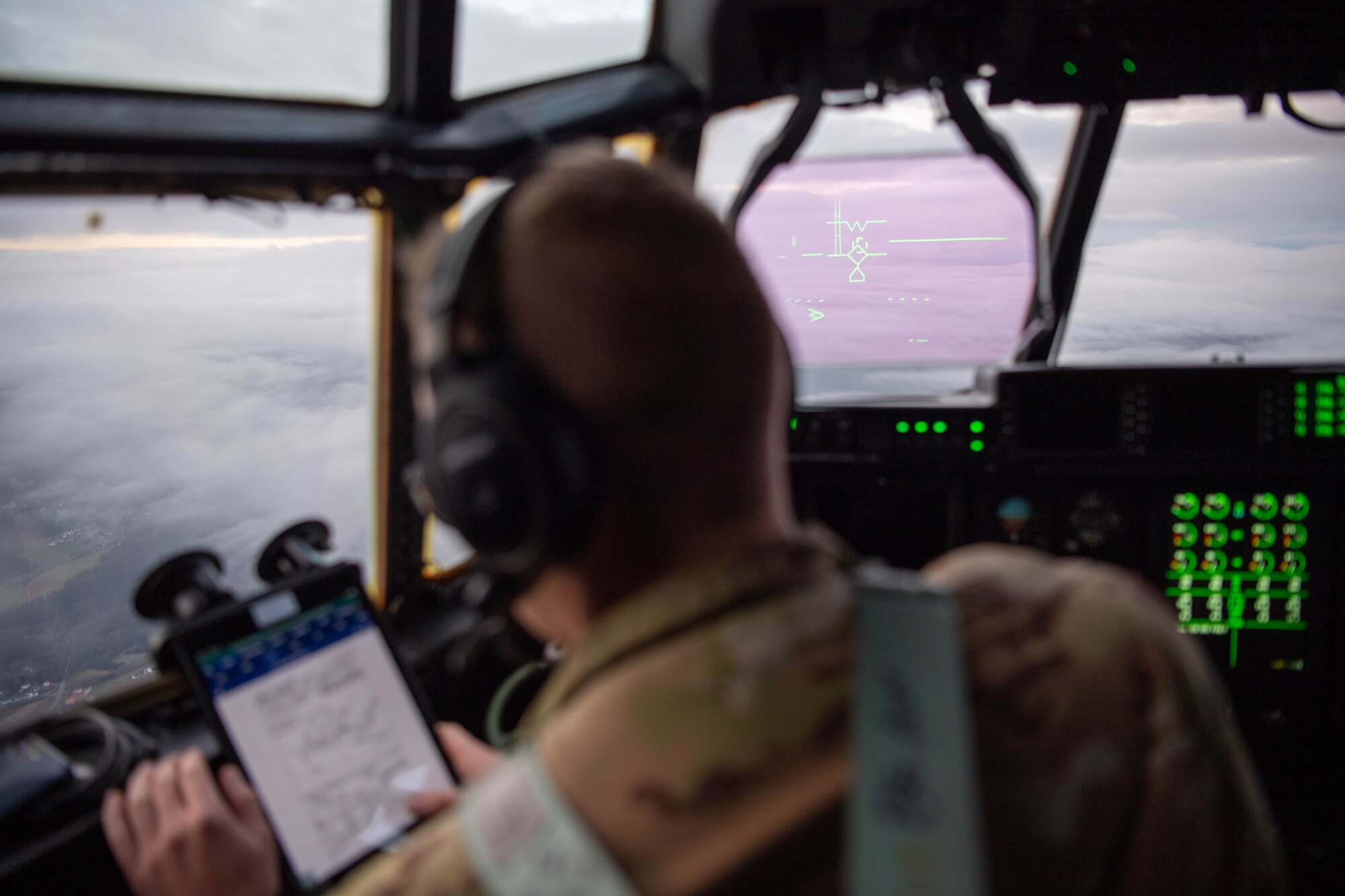 U.S. Air Force Capt. Zachary Pelky, 37th Airlift Squadron pilot, flies a C-130J Super Hercules aircraft out of Ramstein Air Base, Germany, Dec. 15, 2023.