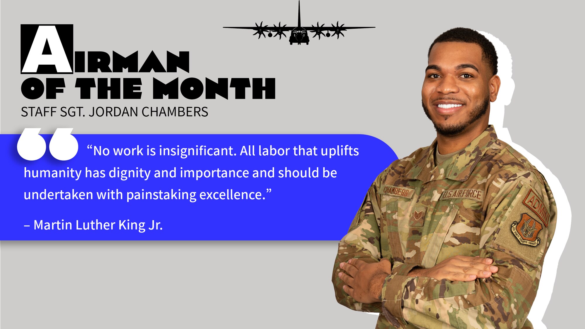 a graphic image of a man in uniform with the words "Airman of the Month" and a Martin Luther King Jr quote