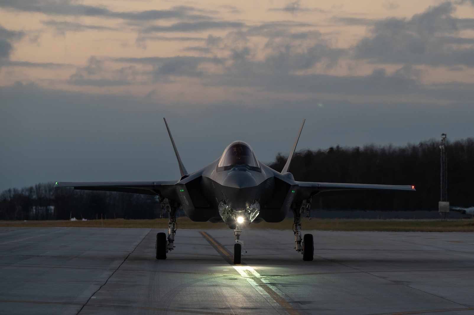 Photo of an F-35A Lightning II aircraft assigned to the 158th Fighter Wing, preparing to launch from the Vermont Air National Guard Base, South Burlington, Vermont, November 30, 2023.