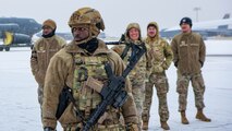 Defenders from the 5th Security Forces Squadron sweep of the flight line during a purge in support of Exercise Prairie Vigilance/Bayou Vigilance 24-2 at Minot Air Force Base, North Dakota, Jan. 5, 2024. A “purge” consists of a team of defenders sweeping the flightline for any hazardous material and securing the area. (U.S. Air Force photo by Senior Airman Alexander Nottingham)