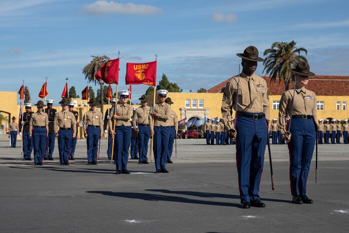 U.S. Marines with Lima Company, 3rd Recruit Training Battalion, stand in formation during a graduation ceremony at Marine Corps Recruit Depot San Diego, Dec. 20, 2023. Graduation took place at the completion of the 13-week transformation process, which included training for drill, marksmanship, basic combat skills, and Marine Corps customs and traditions. (U.S. Marine Corps photo by Lance Cpl. Sarah M. Grawcock)