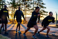 Providers assigned to the 82nd Airborne Division Sustainment Brigade conduct sprinting warm up and drills on Fort Bragg, NC, Feb 14, 2023. Providers participated in the Army Holistic Health and Fitness Physical Training program prior to attending the Executive Officer Academy Course. (U.S. Army photo by Spc. Vincent Levelev)