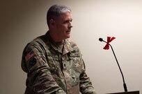 Illinois Army National Guard Lt. Col Timothy Barnhart, the surface maintenance manager for the Deputy Chief of Staff for Logistics (G4) congratulated the newly promoted Maj. Andrew Sanchez, a branch chief under the Deputy Chief of Staff for Logistics (G4).