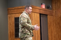 Maj. Vern Meissner, the commander of the Illinois Army National Guard’s headquarters company for Joint Force Headquarters – Illinois, addressed the crowd during his promotion ceremony at the Illinois Military Academy on Camp Lincoln in Springfield Jan. 6.