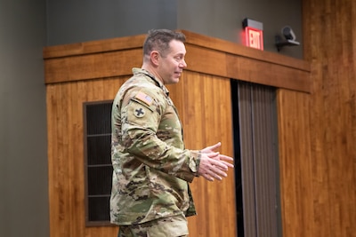 Maj. Vern Meissner, the commander of the Illinois Army National Guard’s headquarters company for Joint Force Headquarters – Illinois, addressed the crowd during his promotion ceremony at the Illinois Military Academy on Camp Lincoln in Springfield Jan. 6.