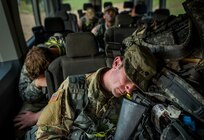 Spc. Johnatan Wilkey, a U.S. Army Reserve wheeled vehicle mechanic with the 88th Military Police Company, headquartered in Langley-Eustis, Virginia, from Richmond, Virginia, sleeps in a van along with fellow competitors after finishing a night land navigation course that started at 3:00 a.m. during the 200th Military Police Command's Best Warrior Competition held at Fort Hunter Liggett, California, April 18, 2018. During the competition, Soldiers are tested both physically and mentally in events that include the Army Physical Fitness Test, land navigation, obstacle course, ruck marching, weapon qualification, Army Warrior Tasks, reflexive fire, written exams and the Army appearance board. Soldiers from the U.S. Army Reserve Legal Command also participated in the competition. The winning noncommissioned officer and top junior enlisted Soldier will move on to compete in the U.S. Army Reserve Command competition later this year. (U.S. Army photo by Master Sgt. Michel Sauret)