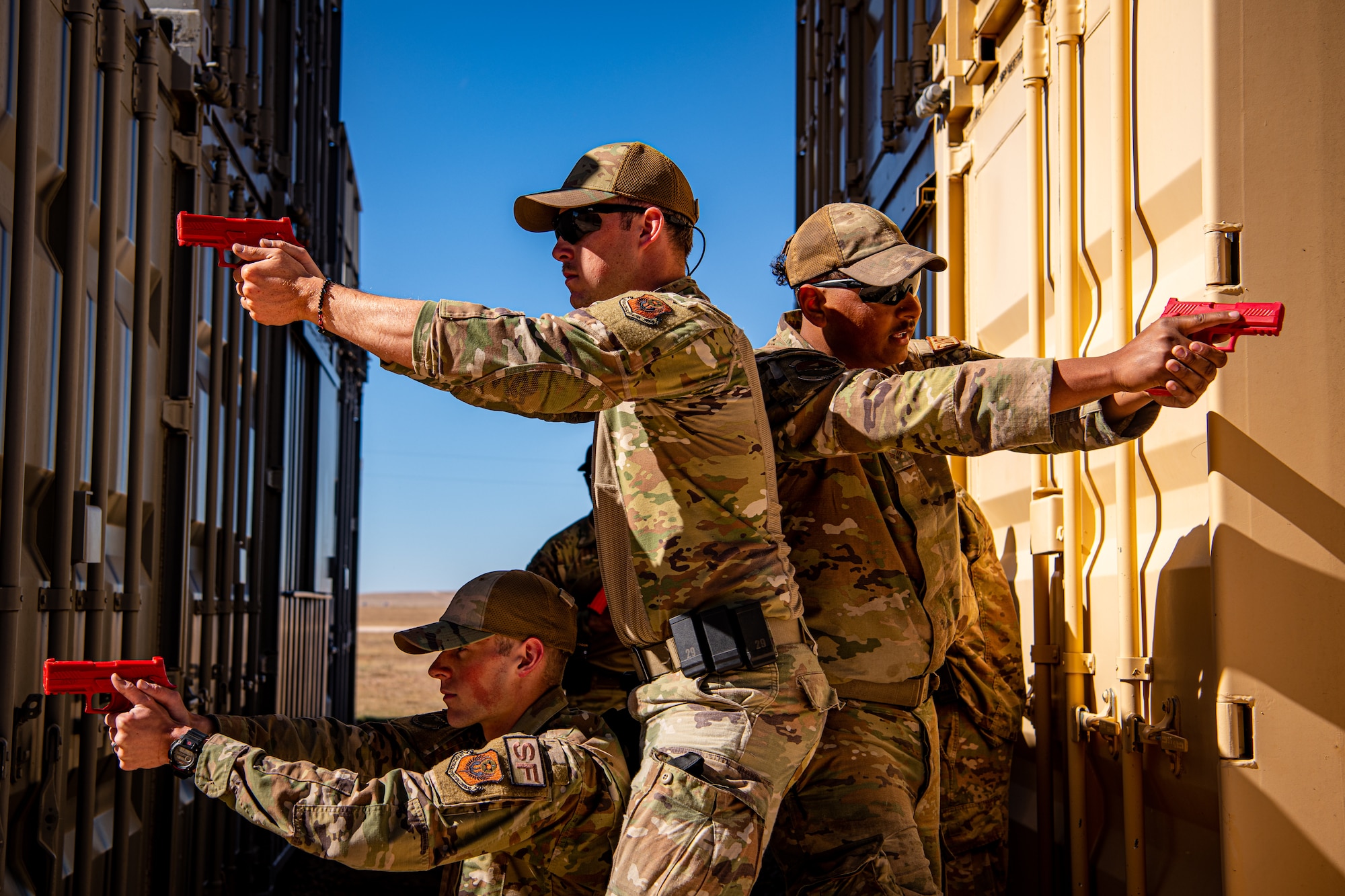 U.S. Air Force Air Commandos with the 27th Special Operations Wing practice combat movement and coverage during the Special Operations Task Unit-192 course with the 371st Special Operations Combat Training Squadron at Melrose Air Force Range, N.M., Nov. 2, 2023. The course took place over three weeks, instructing participants in a variety of skills aimed at enhancing their field survival capabilities. (U.S. Air Force photo by Staff Sgt. Vernon R. Walter III)