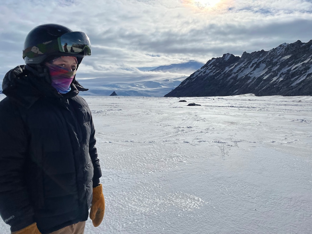 Cold Regions Research and Engineering Laboratory research physical scientist Hannah Wittmann in Antarctica. Wittmann and fellow scientist Dr. Zoe Courville recently returned from Antarctica, where they performed critical crevasse detection and mitigation on the most problematic portion of the roughly 1,000-mile long South Pole Traverse (SPoT) route, a three-mile wide shear zone where the McMurdo and Ross ice shelves meet.