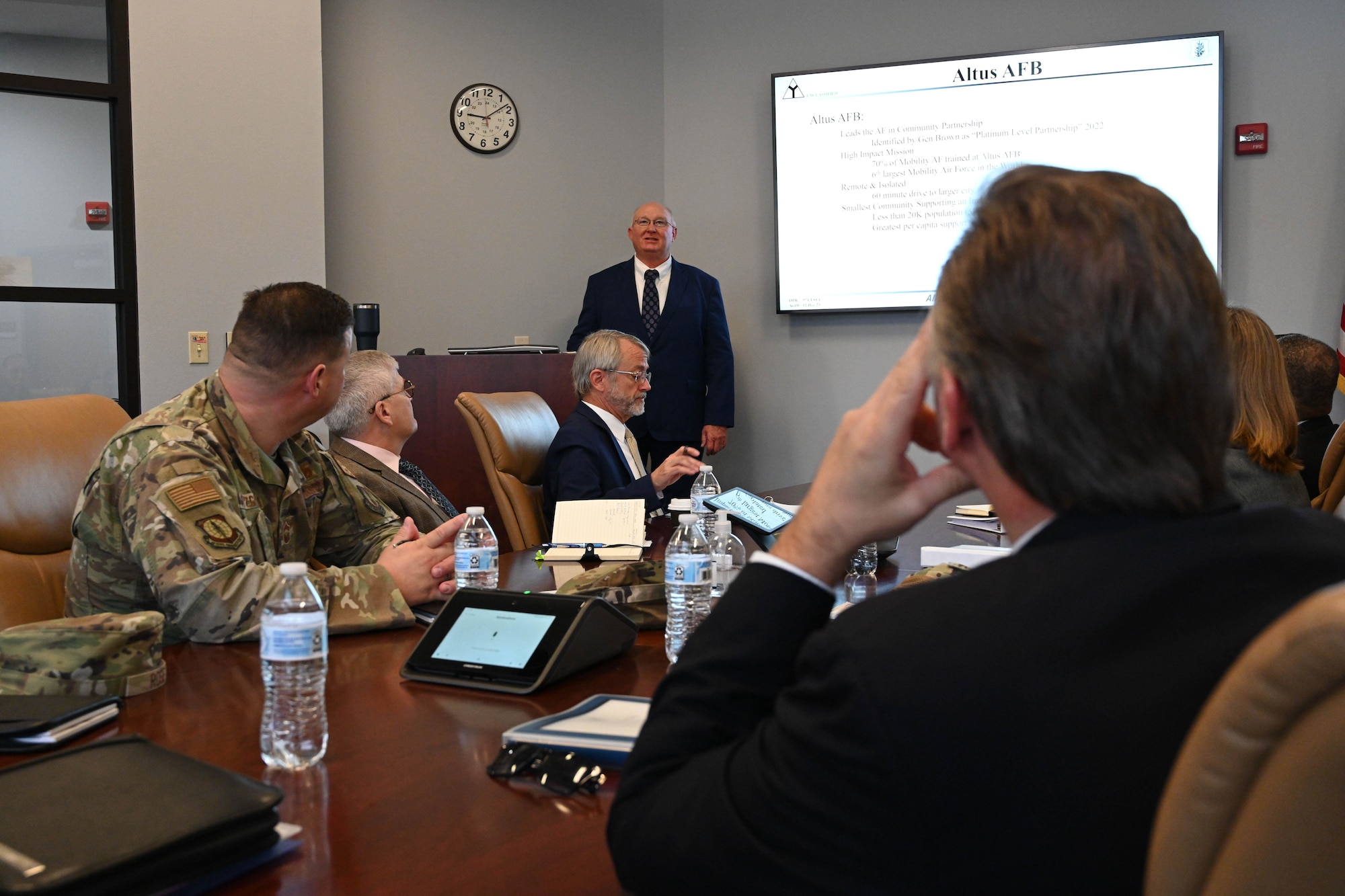 Chuck Butchee, 97th Civil Engineer Squadron deputy commander, gives a brief to Air Force Civil Engineer Center leadership at Altus Air Force Base, Oklahoma, Dec. 12, 2023. After receiving the initial brief, the group was led on a tour of the installation. (U.S. Air Force photo by Senior Airman Miyah Gray)