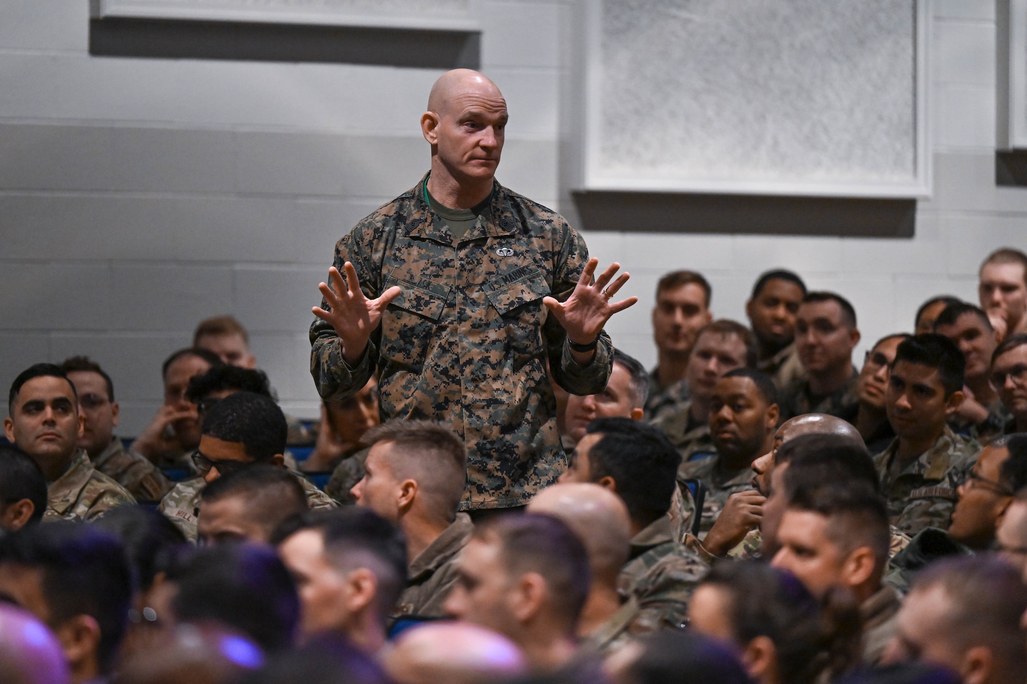 Senior Enlisted Advisor to the Chairman of the Joint Chiefs of Staff Troy Black speaks to an audience of airmen.