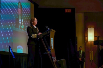 WASHINGTON (January 9, 2024) -- Chief of Naval Operations Adm. Lisa Franchetti gives the keynote address at the Surface Navy Association's 36th Annual National Symposium at the Hyatt Regency Crystal City in Washington D.C., Jan. 9. The symposium is a three-day conference that provides an opportunity for discussions on a broad range of professional and career issues for the surface Navy. (U.S. Navy photo by Chief Mass Communication Specialist Amanda Gray/released)