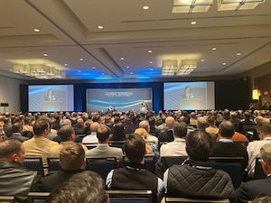 WASHINGTON (January 9, 2024) -- Chief of Naval Operations Adm. Lisa Franchetti gives the keynote address at the Surface Navy Association's 36th Annual National Symposium at the Hyatt Regency Crystal City in Washington D.C., Jan. 9. The symposium is a three-day conference that provides an opportunity for discussions on a broad range of professional and career issues for the surface Navy. (U.S. Navy photo by Chief Mass Communication Specialist Amanda Gray/released)