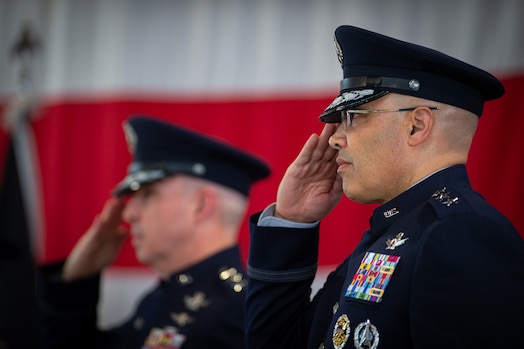  Lt. Gen. Stephen N. Whiting, U.S. Space Force’s Space Operations Command former commander and Lt. Gen. David N. Miller, Jr., render a salute during the U.S. National Anthem at a change of command ceremony at Peterson Space Force Base, Colo., Jan. 9, 2024. Whiting relinquished command to Miller during the ceremony. SpOC’s mission is to protect America and our Allies in, from, and to space… now and into the future.