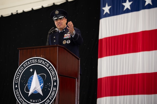  Lt. Gen. David N. Miller Jr., U.S. Space Force’s Space Operations Command commander, speaks during a change of command ceremony at Peterson Space Force Base, Colo., Jan. 9, 2024. Miller is SpOC’s second commander since it’s activation October 21, 2020. SpOC’s mission is to protect America and our Allies in, from, and to space… now and into the future.