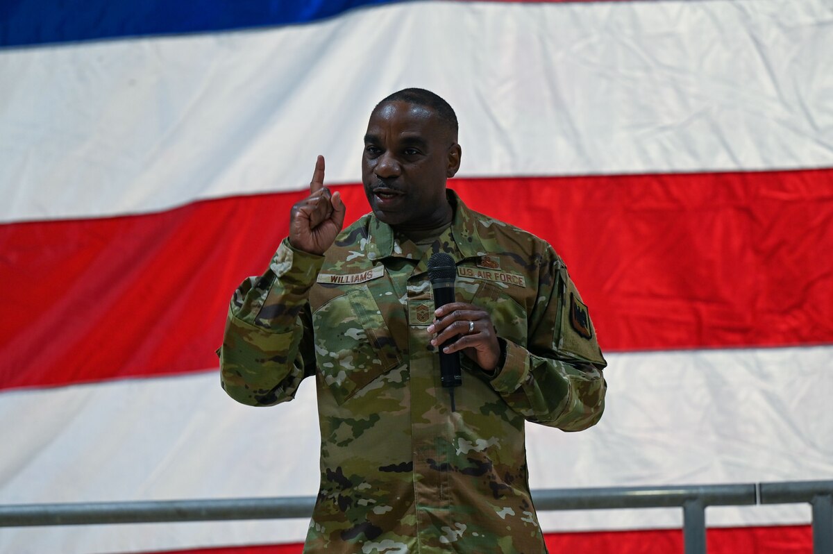 U.S. Air Force Chief Master Sgt. Maurice Williams, command chief, Air National Guard (ANG) visits the 186th Air Refueling Wing, Mississippi National Guard on Jan. 6, 2024, at Key Field Air National Guard Base, Meridian, Mississippi.