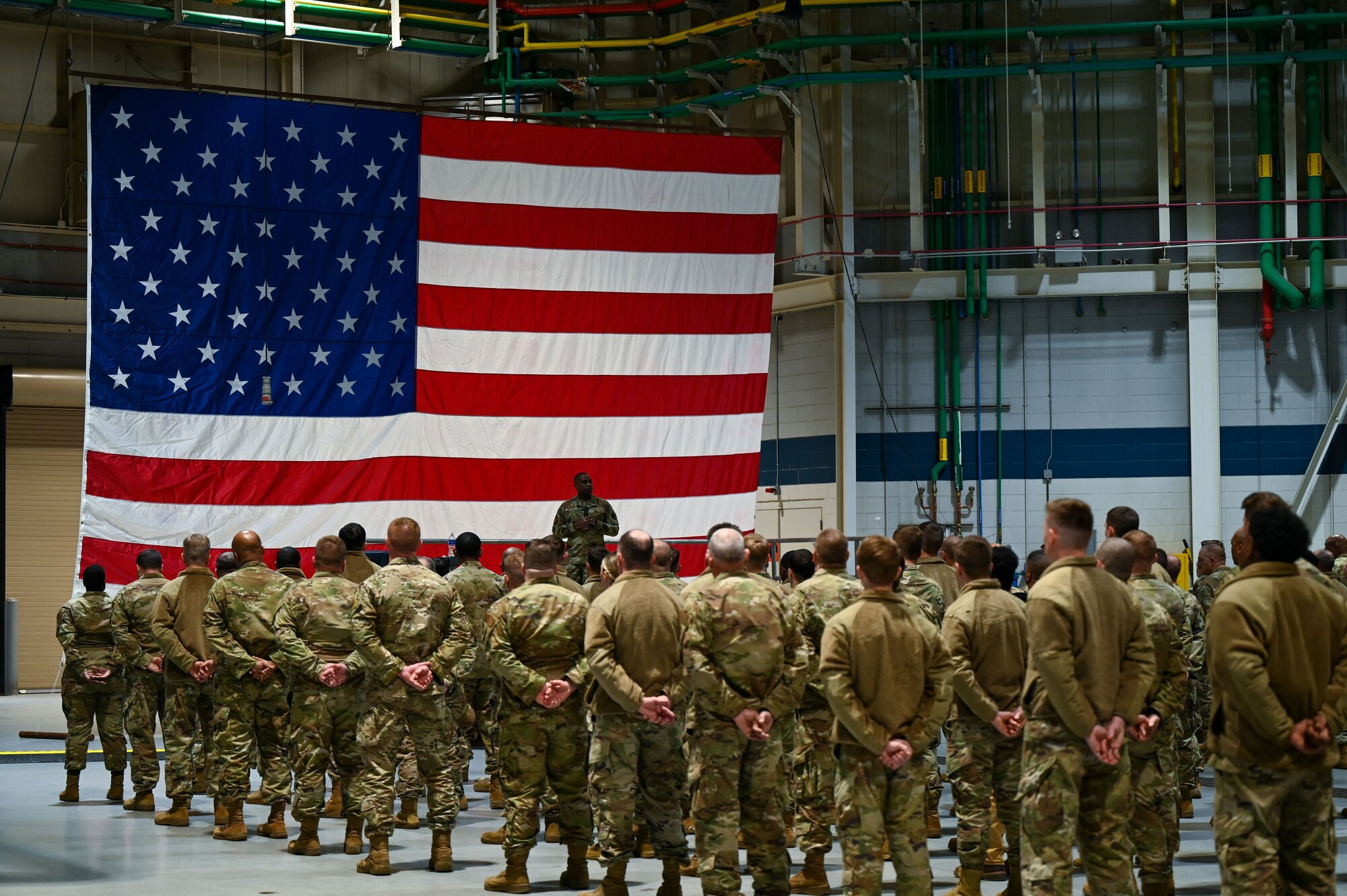 U.S. Air Force Chief Master Sgt. Maurice Williams, center, command chief, Air National Guard (ANG) visits the 186th Air Refueling Wing, Mississippi National Guard, Jan. 6, 2024, at Key Field ANG Base, Meridian, Mississippi.