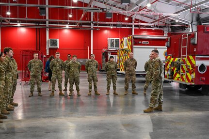 U.S. Air Force Brig. Gen. William Kale, Air Force Civil Engineer Center commander, greets 97th Air Mobility Wing Airmen during a tour of Altus Air Force Base, Oklahoma, Dec. 12, 2023. Kale provided mentorship and career guidance to several Airmen. (U.S. Air Force photo by Senior Airman Miyah Gray)